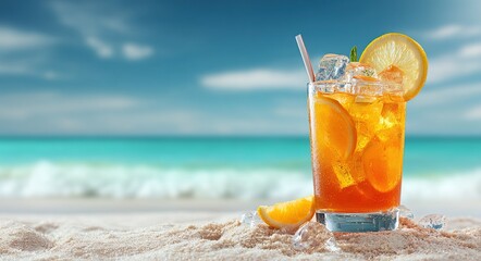 Orange tropical cocktail with ice cubes, straw and lemon slice on sandy beach with turquoise ocean background. Summer banner for beach bars, refreshing drinks and vacation beverage promotions