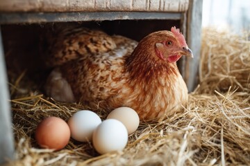 Hen and eggs in a straw nest