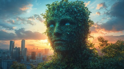 Green Head Statue Contemplating City Sunset