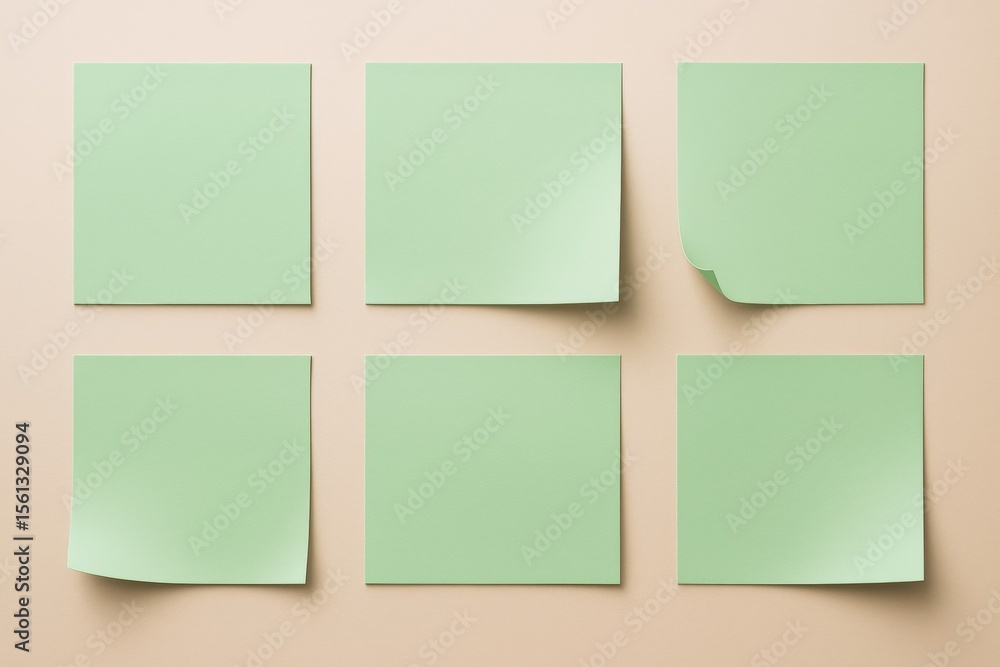 Poster Six green sticky notes with curled edges displayed in two rows on a soft beige background, minimal graphic layout and light abstract concept.