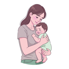 A mother with brown hair is holding her crying baby, providing comfort. The baby is wearing a light blue outfit. This image illustrates the bond and affection between a mother and child.