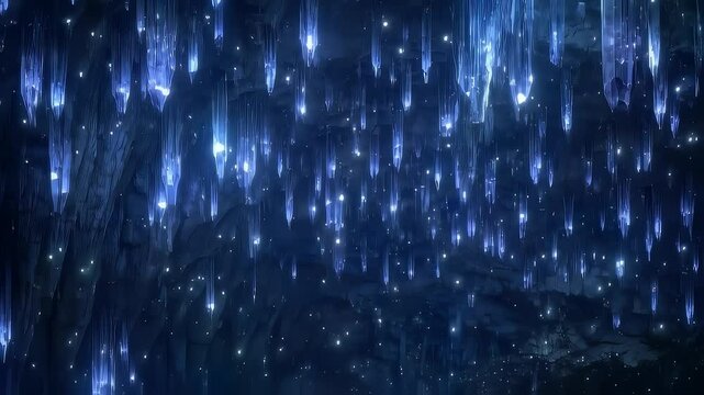 Crane shot into glowing crystal cavern