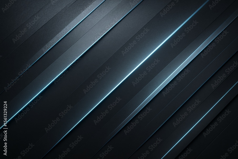 Poster Dark abstract background with diagonal layered lines and glowing blue light effects on black surface creating a futuristic graphic style concept.