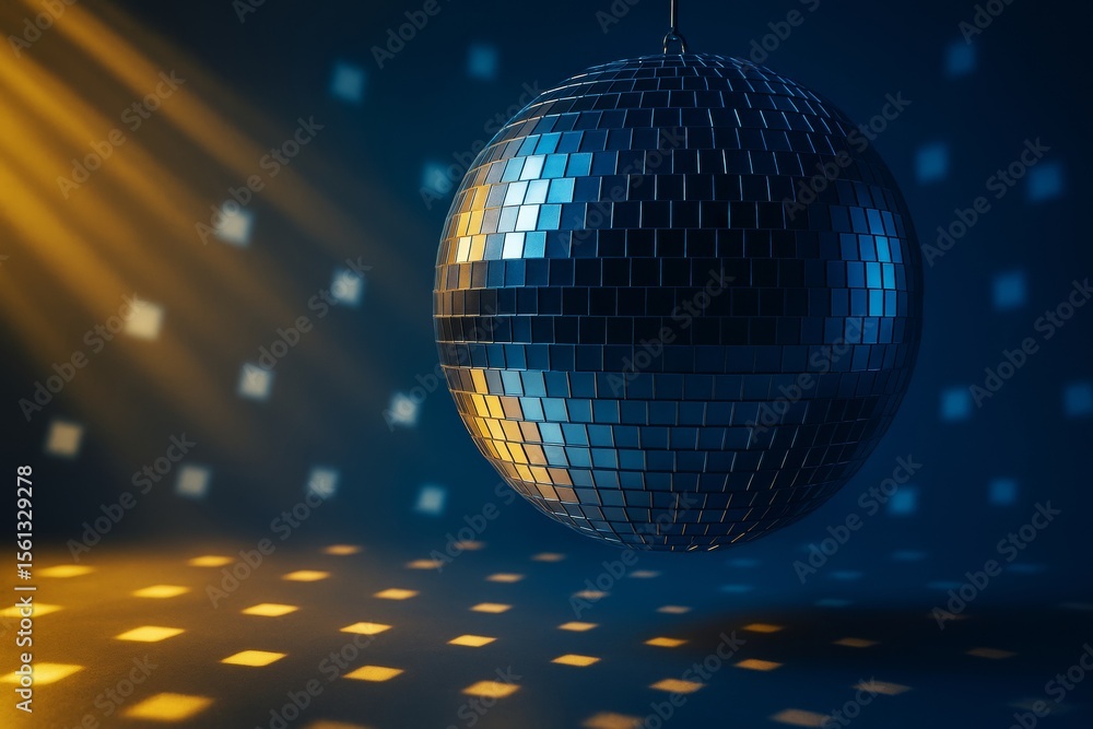 Aufkleber shiny disco ball reflecting golden and blue square lights on dark background creating a festive part