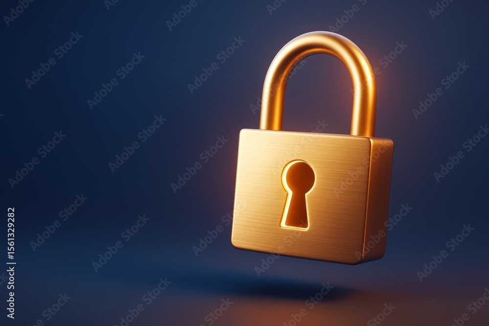 Poster Golden padlock with keyhole illuminated by warm light, floating on dark blue background in abstract security concept graphic style.