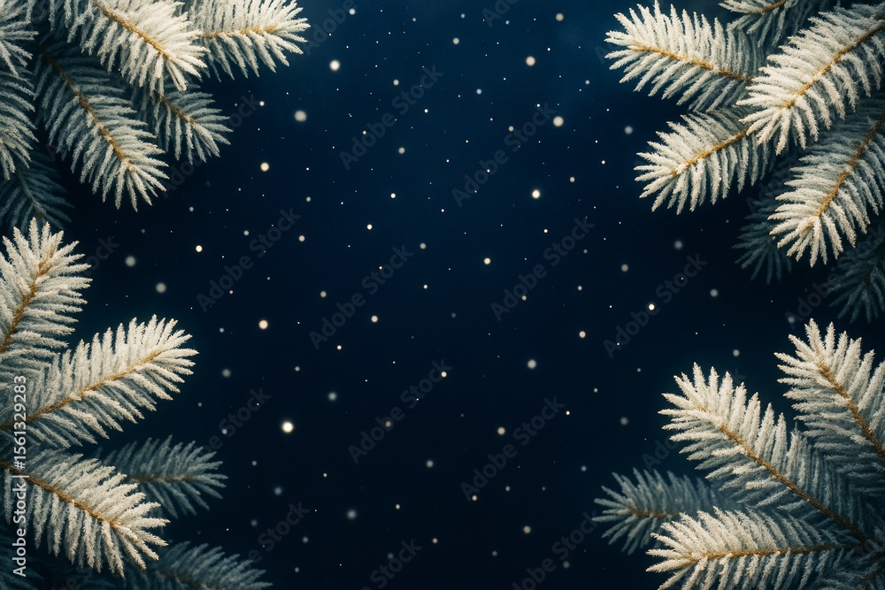 Poster snowy pine branches framing a starry night sky background with soft glowing light dots in a festive 