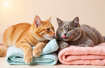 Orange and gray cats lounging on folded towels at home  