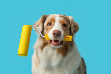 Cute dog with paint roller on blue background