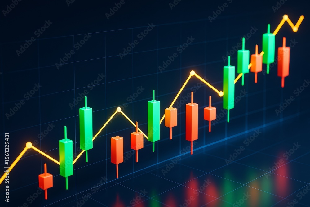 Poster Colorful candlestick and line chart showing financial trading data on dark grid background with glowing light effects, representing market analysis concept.