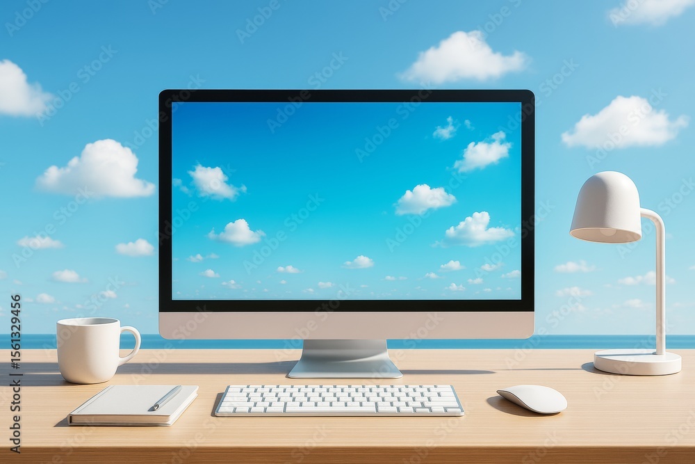 Poster Minimalist desktop with computer showing seamless sky and clouds matching real background, creating a surreal creative workspace illusion effect.