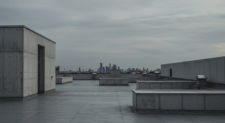 Fototapeta premium Modern Concrete Rooftop with City Skyline Under Cloudy Sky