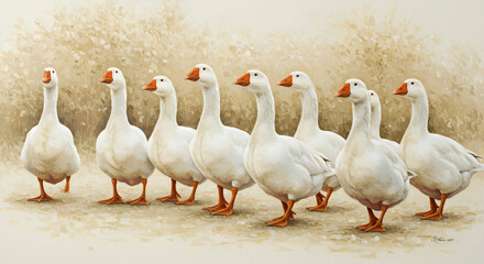 Obraz premium Magnificent White Geese in Serene Landscape Painting