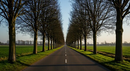 Empty road lined with trees leading to the horizon
