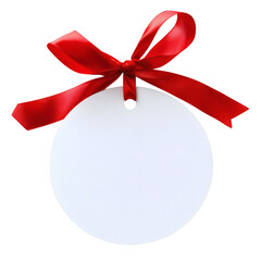 A blank white round tag with a tied red ribbon, isolated on transparent background