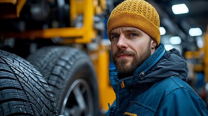 Focused mechanic in a truck repair shop