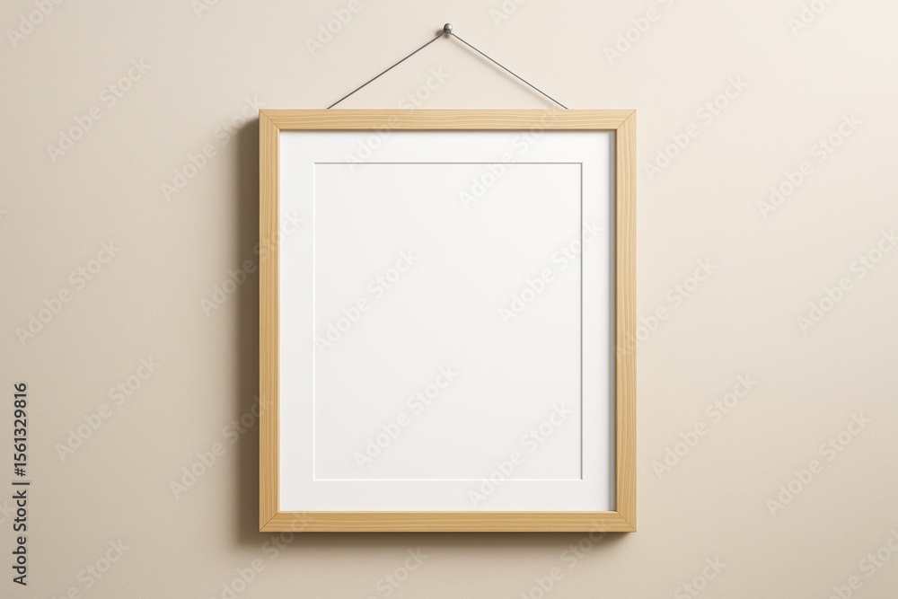 Poster vertical wooden frame with blank white space hanging on beige wall background for mockup or design t