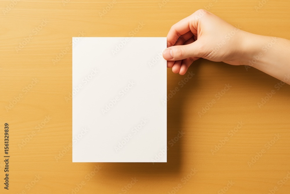 Poster hand holding blank white paper on wooden table background for mockup or design template presentation