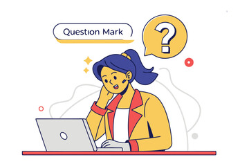 Inquisitive Digital Thinking: A focused young woman contemplates a question mark, surrounded by a bubble symbolizing her inquiry and the laptop suggesting she's seeking answers