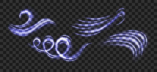 Set of abstract air flows with glow effects on transparent background. Vector illustration suitable for advertising materials