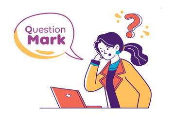 Pensive Question Mark: A thoughtful illustration featuring a woman pondering a question mark while working on her laptop.