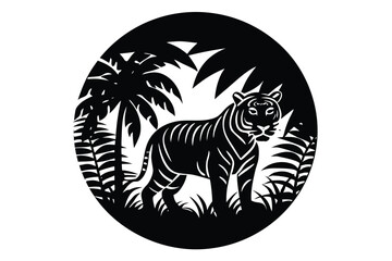 Circular digital illustration of a majestic tiger in a natural setting