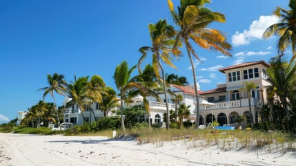 Naklejka premium Miami beach homes with palm trees and white sand beaches