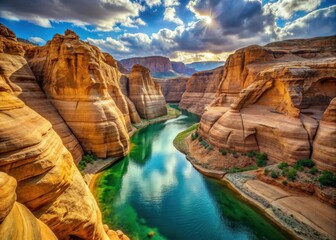 Majestic sandstone formations tower above a serene turquoise river in breathtaking Antelope Canyon Arizona landscape
