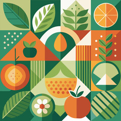 Abstract geometric pattern of farm food. Stylized poster with fruit and vegetables. Agriculture plants in cubism style. Contemporary art of healthy, natural, organic products. Flat vector illustration © parulbd