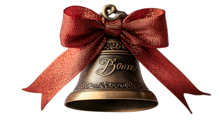 Photorealistic shot of a classic brass or silver handbell with a festive red ribbon tied to the handle. Sharp focus on the bell's polished surface and ribbon texture. Clean studio lighting 