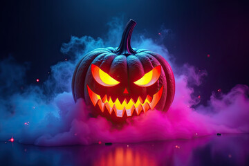 Naklejka premium The background transitions from black through smoky plum to soft teal. Glowing outlines trace the pumpkin's silhouette, creating a soft halo effect. Digital smoke tendrils and subtle sparkle effects f