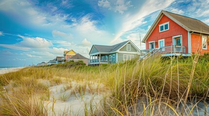 Wooden beach houses on the Outer Banks dunes in North Carolina
