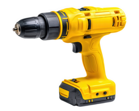 Yellow cordless electric drill power tool isolated on transparency background construction equipment plastic and metal handheld modern design professional use home improvement
