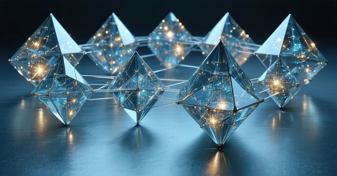 Geometric shapes connect, forming circular pattern. Blue light illuminates complex network, creating futuristic visual.
