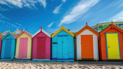 Naklejka premium Brighton beach boxes with bright paint and blue sky