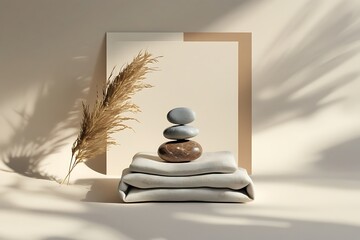 Spa towels with stones and pampas grass for wellness and relaxation