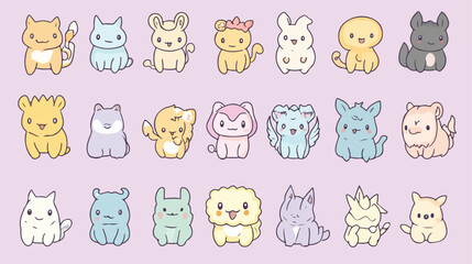 Obraz premium Bundle of 25 Cute Kawaii Animals Line Art Illustrations
