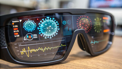 Immunotherapy concept displayed on smart glasses with digital virus graphics and data analysis