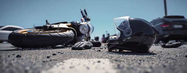 The motorcycle helmet and wrecked bike on the sunlit asphalt road.