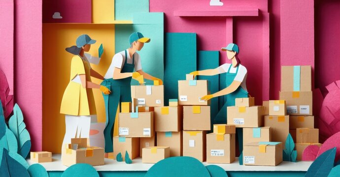 Papercraft scene depicts delivery workers handling packages. Bright colors, stylized design, teamwork concept illustrated.