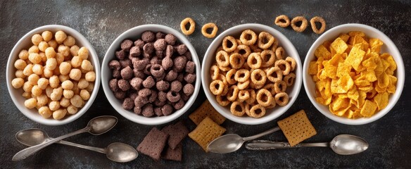 The assortment of colorful cereals in white bowls on a textured surface.