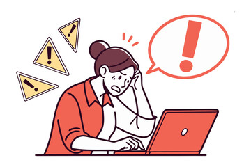 Work stress: This illustration captures the stress and anxiety of a person overwhelmed by work, surrounded by warning signs.