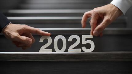 Conceptual business hands positioning wooden 2025 figures on stair steps signifying financial growth and achievement in the upcoming new year era