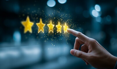 A hand touching glowing digital stars arranged in a row, representing a five-star rating system on a dark background.