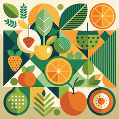 Abstract geometric pattern of farm food. Stylized poster with fruit and vegetables. Agriculture plants in cubism style. Contemporary art of healthy, natural, organic products. Flat vector illustration