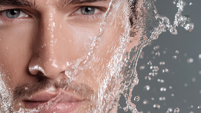 Closeup of young Caucasian man with water splashing on face, concept for freshness and skincare routine