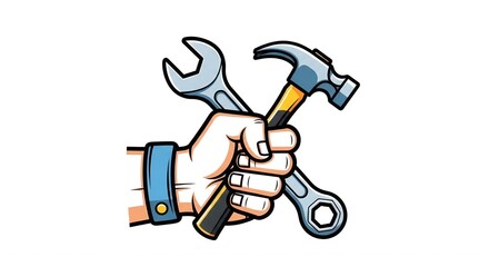 Hand holds a wrench and hammer tools.