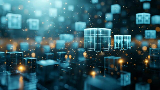 Abstract Digital Cubes and Wireframes Floating in a Data Stream Representing Cloud Computing and Big Data.