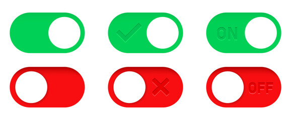 On and Off toggle switch buttons. Switch toggle buttons ON OFF. Material design switch buttons set. Vector illustration.