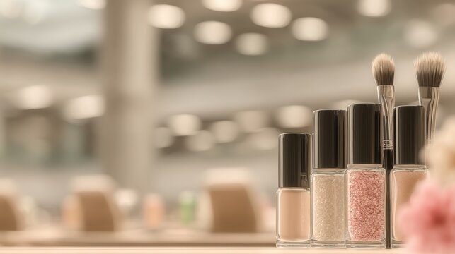 a smart city with glowing flow of traffic and data Array of makeup brushes and cosmetic bottles with shimme powders on a store shelf a human brain with glowing flow of thoughts and ideas