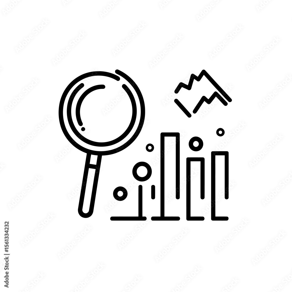 Poster magnifying glass examining bar chart and line graph data analysis visualization in black and white m